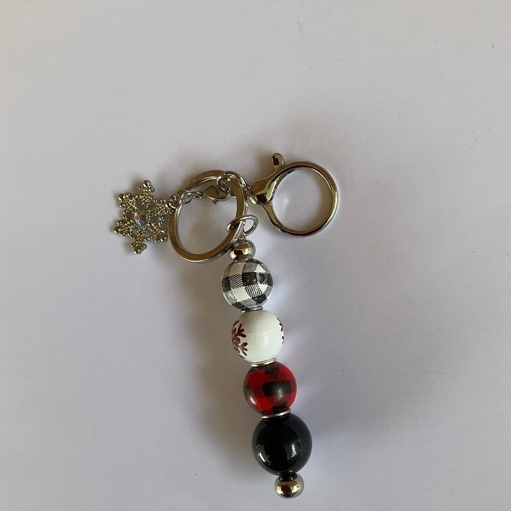 Hand Crafted Purse Bag Charm Key Chain Beaded Snowflake Charm Red Black Winter